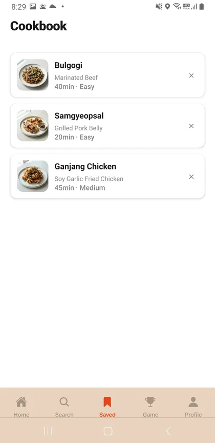 K-Food Atlas 실제 화면 — 저장한 레시피(Cookbook)