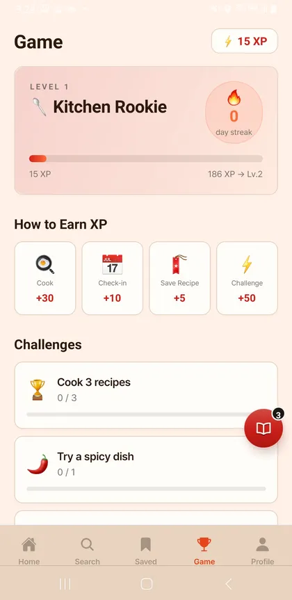 K-Food Atlas 실제 화면 — 게임 — XP · 레벨 · 챌린지