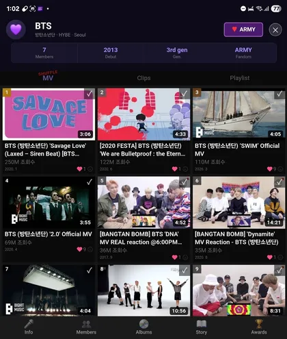 StarKPOP 실제 화면 — 아티스트 페이지 — MV · 클립 · 플레이리스트