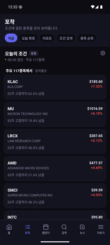 미국주식 NOW 실제 화면 — 포착 — 조건에 걸린 종목 모음